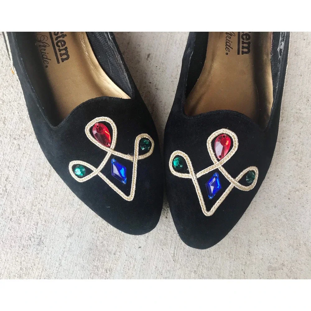vintage 80s COLORFUL JEWELS black suede pointy FLATS unique avant garde rainbow - Picture 1 of 10